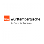 Logo der württembergischen Versicherung mit dem Claim „Ihr Fels in der Brandung” auf weißem Grund
