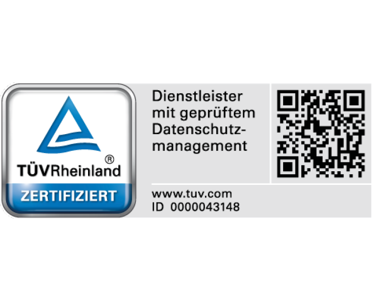 Prüfsiegel inkls. QR-Code des TÜV Rheinland zertifizierten Dienstleister mit geprüftem Datenschutzmanagement