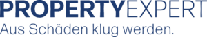 Dunkelblaues Logo von PropertyExpert mit dem Claim „Aus Schäden klug werden”