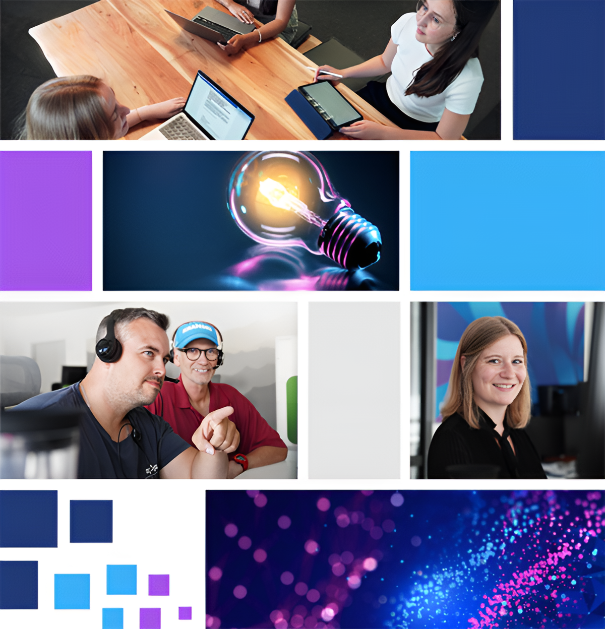 Collage, die verschiedene Mitarbeiterinnen und Mitarbeiter von PropertyExpert zeigt (unter anderem Emilia Heitmann und Lisa Witzel), dazwischen blaue und lila Bilder